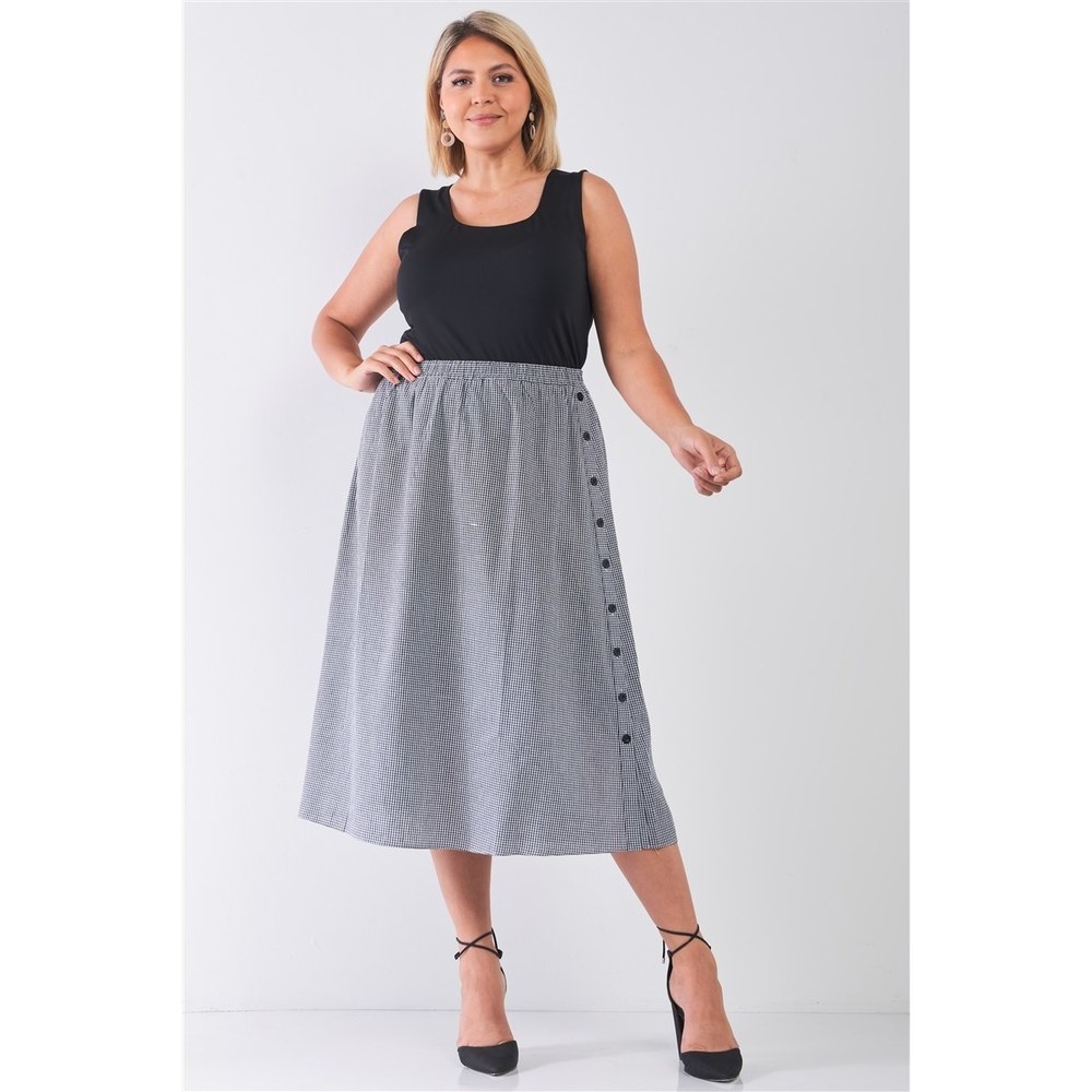 Plus Size Black Gingham Print Side Button Midi Skirt - Picture 2 of 7